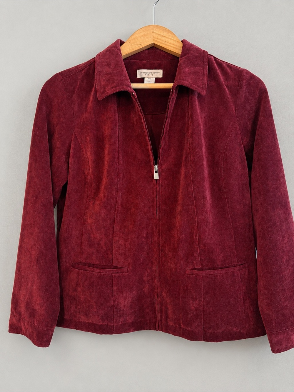 Christopher & Banks  PM Burgundy Faux Suede Zip Front Jacket Womens Pockets